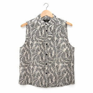 Tahari Blouse Womens Size Large Black White Leaf Print 100% Linen Sleeveless